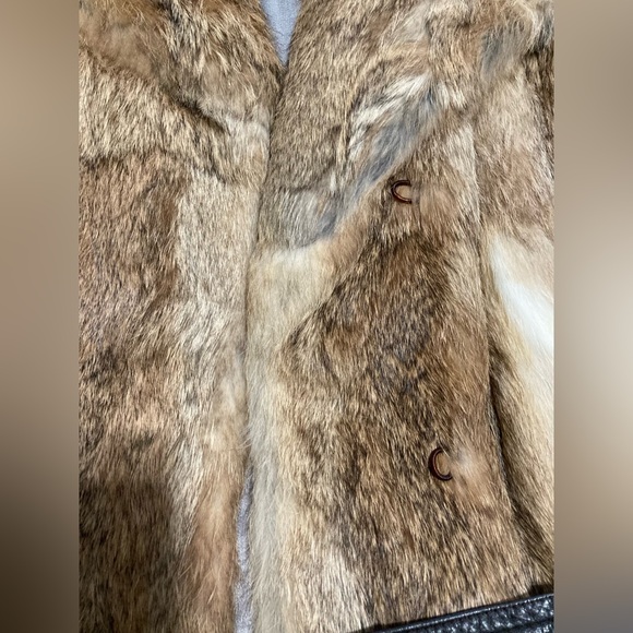 Montgomery Ward vintage 1976 brown Rabbit and black leather fur coat Penny Lane - Picture 10 of 12
